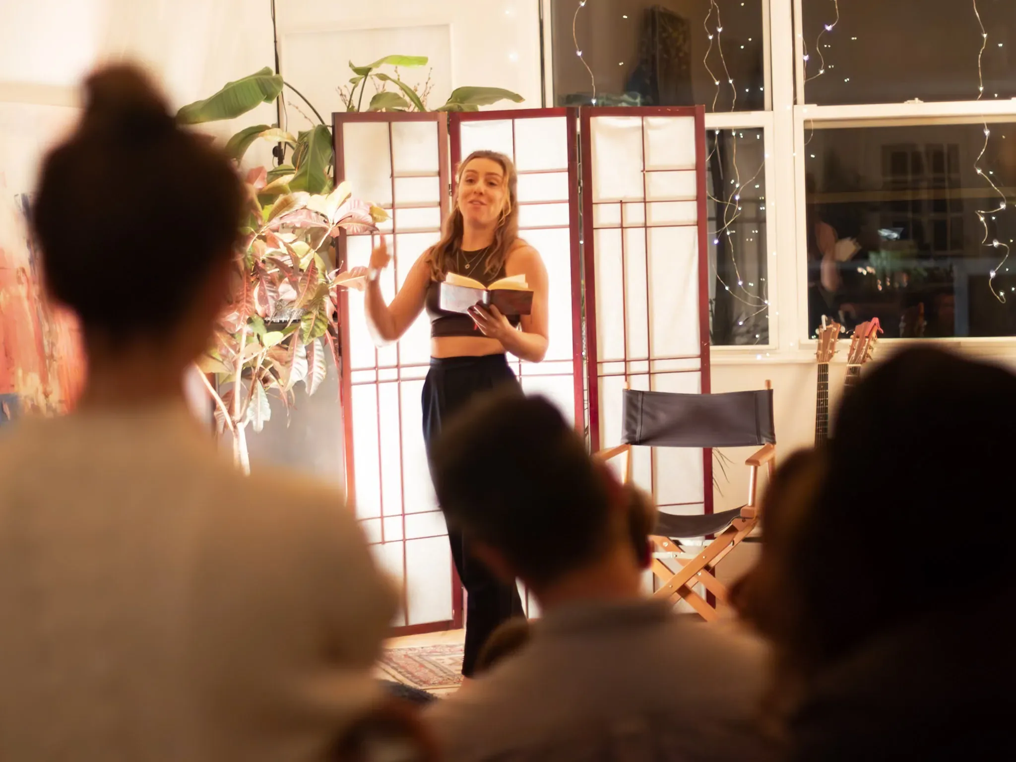 Unplugged open mic performance and audience in New York
